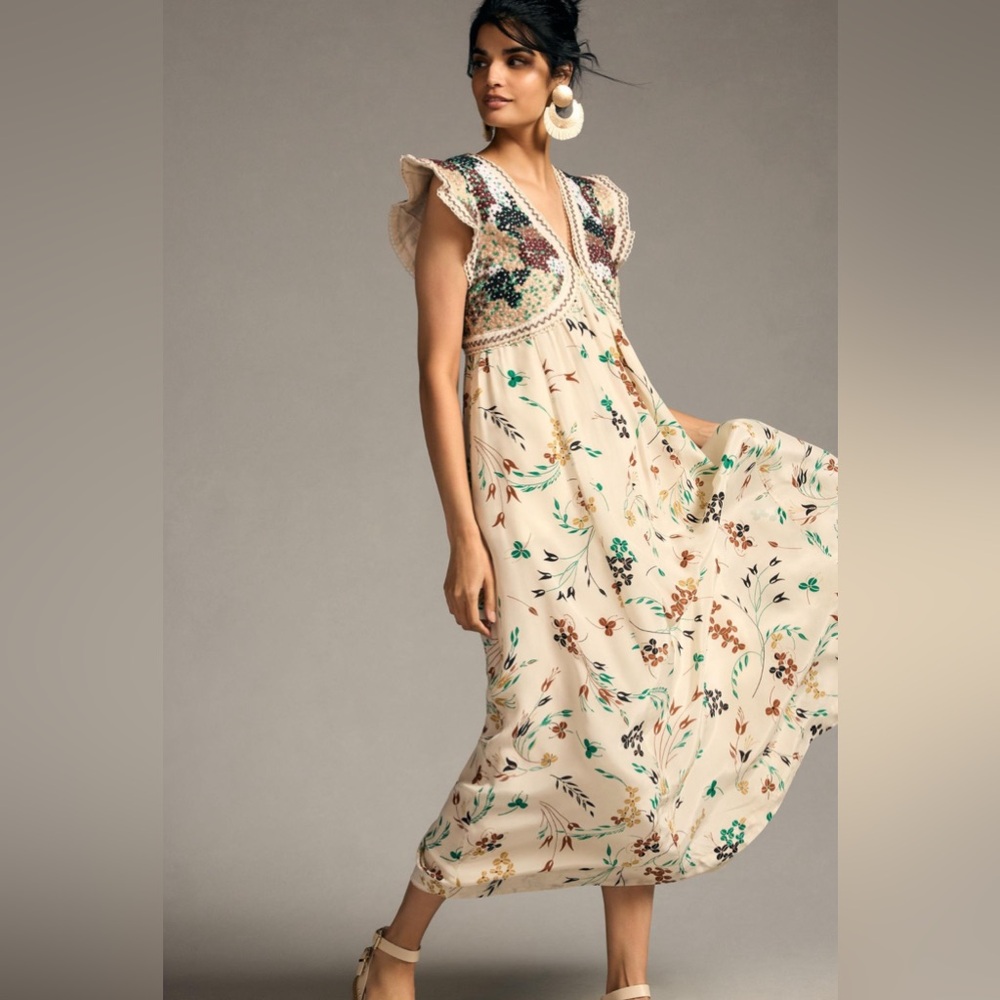 By Anthropologie Printed V-Neck Maxi Dress Gently Worn  Item - Picture 2 of 10